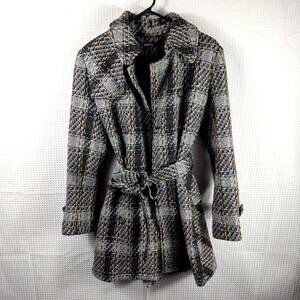 DKNY Size 4 Wool Blend Plaid Belted Trench Coat Women’s Gray Black Tan Winter